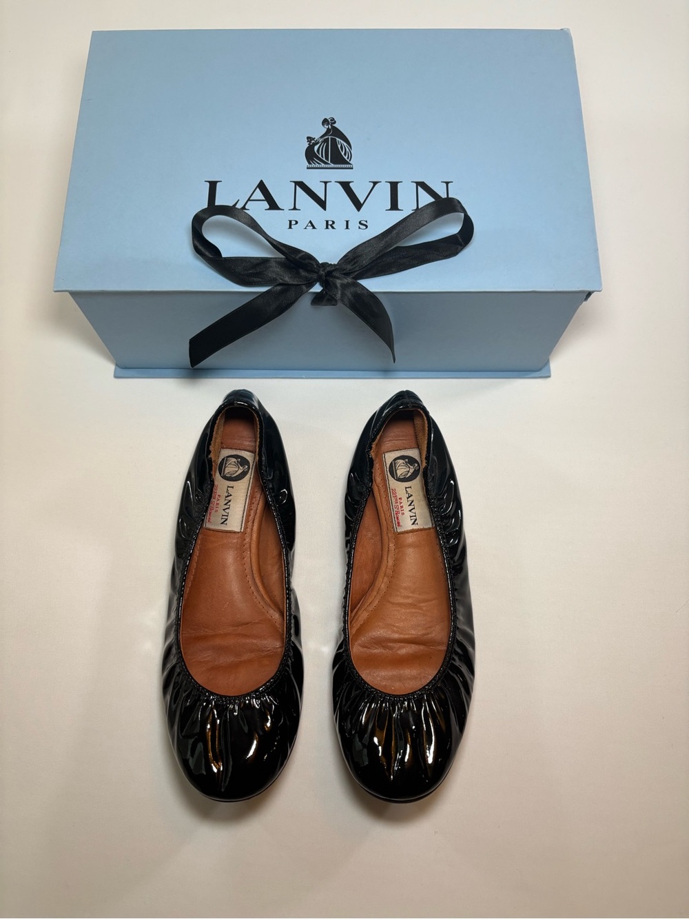 Lanvin Black Patent Leather Gathered Ballet Flats